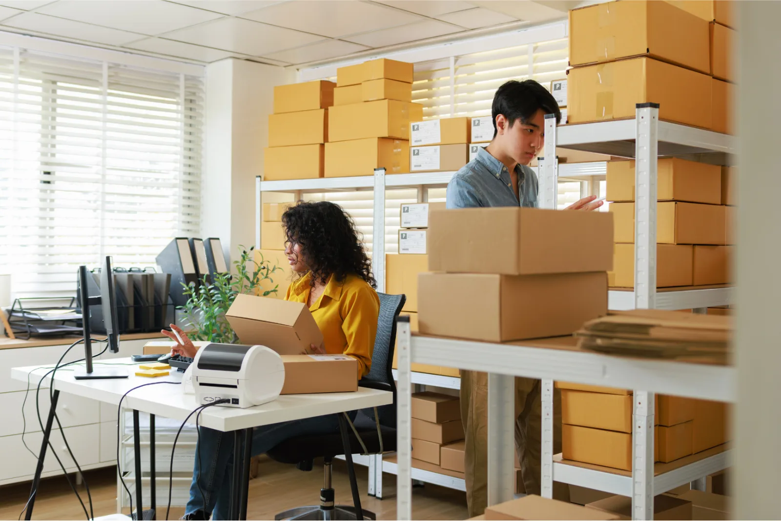 Two staff packing and labelling orders in a small warehouse office